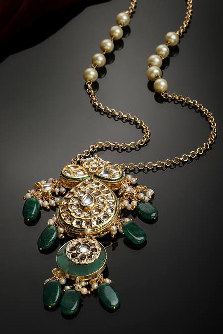 Dugran By Dugristyle Gold Kundan, Pearls And Faux Emerald Pendant Necklace Online at Aza Fashions Dugran By Dugristyle_Gold Kundan, Pearls And Faux Emerald Pendant Necklace _Online_at_Aza_Fashions