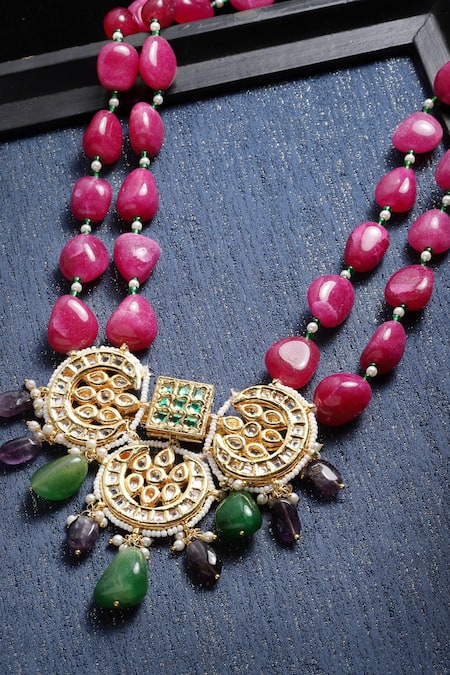 Dugran By Dugristyle_Multi Color Kundan, Pearl And Stone Layered Pendant Necklace _Online_at_Aza_Fashions