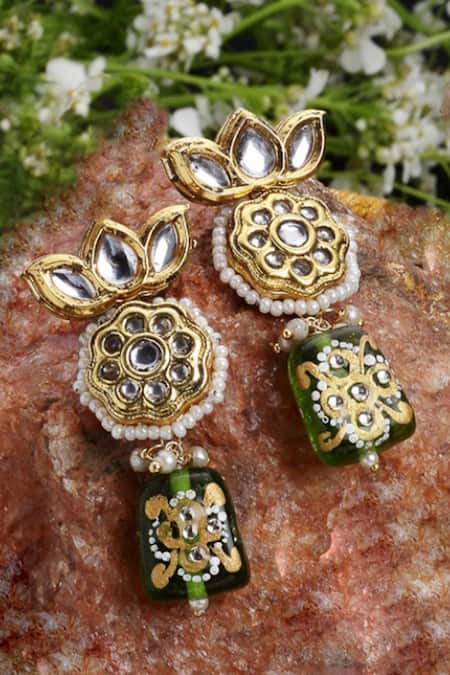 Dugran By Dugristyle Gold Plated Pearls, Stones, Faux Diamonds, Kundan Floral Motif Drop Earrings Online at Aza Fashions Dugran By Dugristyle_Gold Plated Pearls, Stones, Faux Diamonds, Kundan Floral Motif Drop Earrings _Online_at_Aza_Fashions