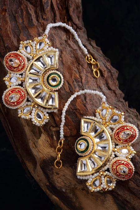 Dugran By Dugristyle_Multi Color Pearls, Stones Kundan, And Faux Ruby Earring With Ear Chain _Online_at_Aza_Fashions