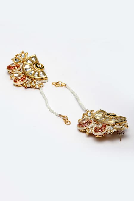 Buy_Dugran By Dugristyle_Multi Color Pearls, Stones Kundan, And Faux Ruby Earring With Ear Chain _Online_at_Aza_Fashions