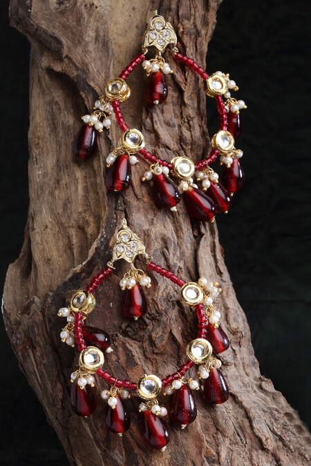 Dugran By Dugristyle_Red Pearls, Stones, Beads Kundan, And Ruby Hoop Earrings _Online_at_Aza_Fashions