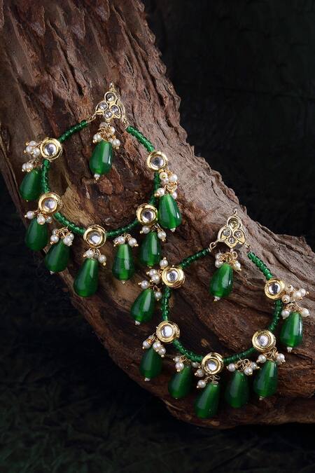 Dugran By Dugristyle_Green Pearls, Stones, Rhinestones Kundan Drop Hoop Chandbalis _Online_at_Aza_Fashions