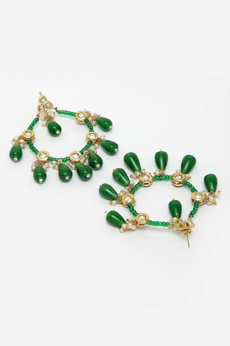 Buy_Dugran By Dugristyle_Green Pearls, Stones, Rhinestones Kundan Drop Hoop Chandbalis _Online_at_Aza_Fashions