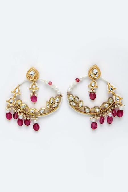 Dugran By Dugristyle Gold Plated Pearls, Stones Kundan, And Hoop Chandbalis 