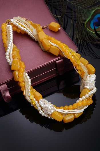 Dugran By Dugristyle_Yellow Kundan Pearl And Natural Stone Layered Necklace _Online_at_Aza_Fashions
