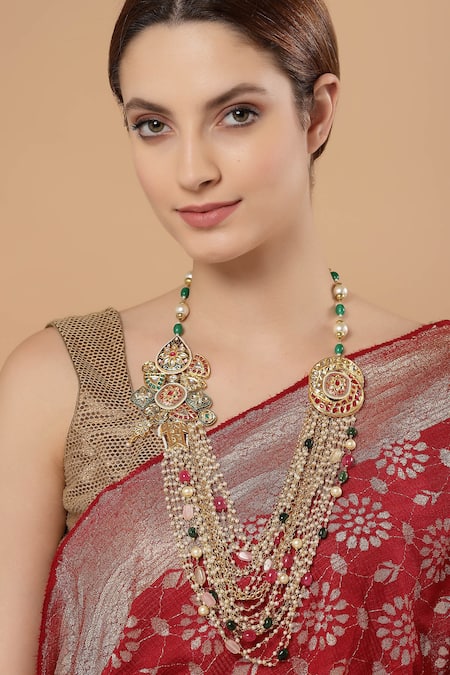Shop_Dugran By Dugristyle_Multi Color Kundan, Pearl And Natural Stone Layered Necklace _at_Aza_Fashions