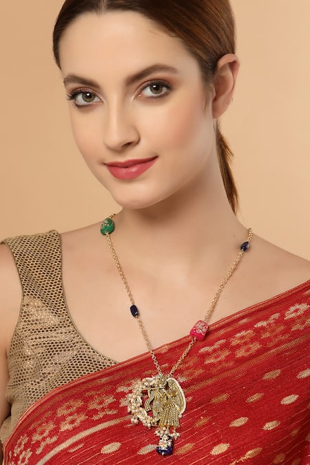 Shop Dugran By Dugristyle Multi Color Temple Motif Kundan And Pearl Pendant Necklace at Aza Fashions Shop_Dugran By Dugristyle_Multi Color Temple Motif Kundan And Pearl Pendant Necklace _at_Aza_Fashions