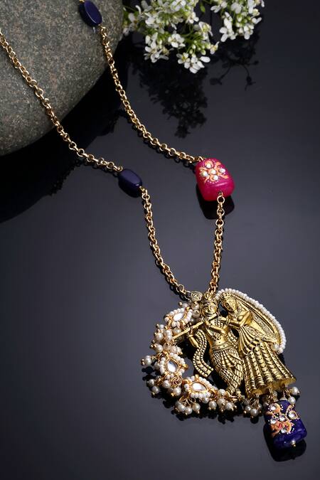 Dugran By Dugristyle Multi Color Temple Motif Kundan And Pearl Pendant Necklace Online at Aza Fashions Dugran By Dugristyle_Multi Color Temple Motif Kundan And Pearl Pendant Necklace _Online_at_Aza_Fashions