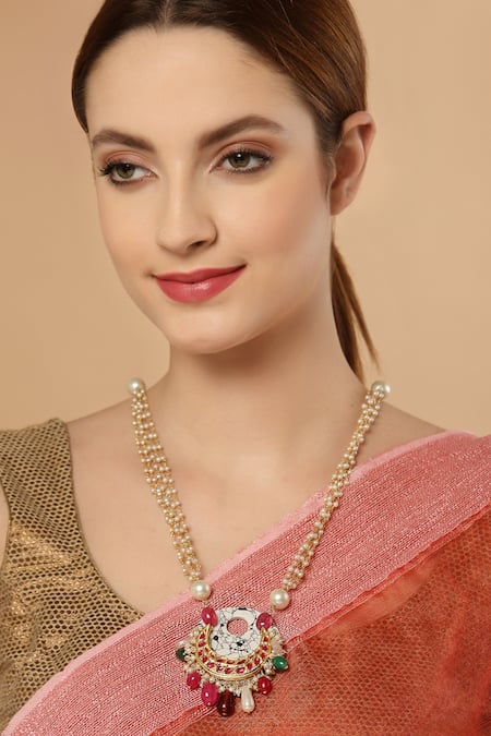 Shop Dugran By Dugristyle Multi Color Kundan, Pearl And Natural Stone Pendant Necklace at Aza Fashions Shop_Dugran By Dugristyle_Multi Color Kundan, Pearl And Natural Stone Pendant Necklace _at_Aza_Fashions