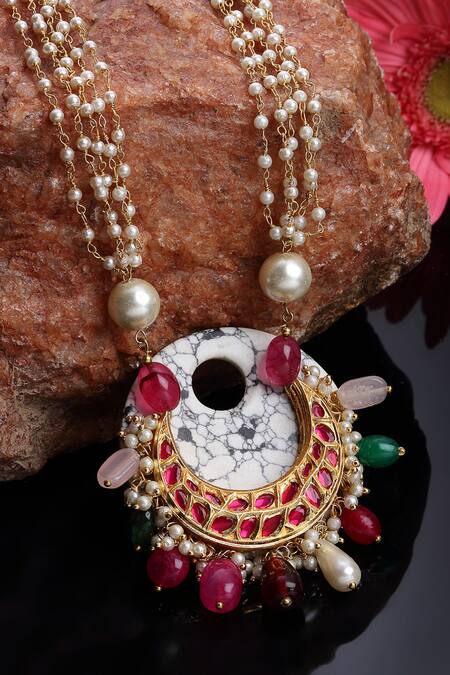 Dugran By Dugristyle Multi Color Kundan, Pearl And Natural Stone Pendant Necklace Online at Aza Fashions Dugran By Dugristyle_Multi Color Kundan, Pearl And Natural Stone Pendant Necklace _Online_at_Aza_Fashions