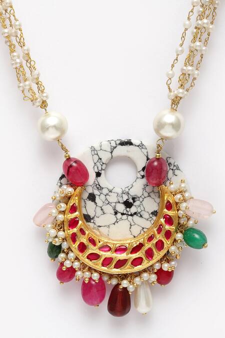 Buy Dugran By Dugristyle Multi Color Kundan, Pearl And Natural Stone Pendant Necklace Online at Aza Fashions Buy_Dugran By Dugristyle_Multi Color Kundan, Pearl And Natural Stone Pendant Necklace _Online_at_Aza_Fashions