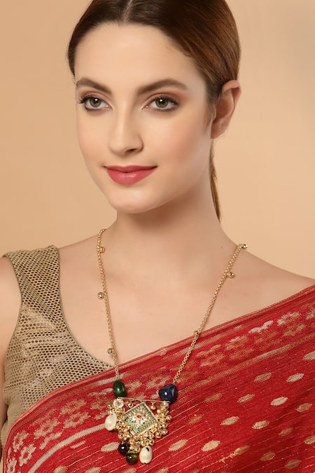 Dugran By Dugristyle Kundan Pearl Natural Stone Ghunghroo Tassel Necklace 