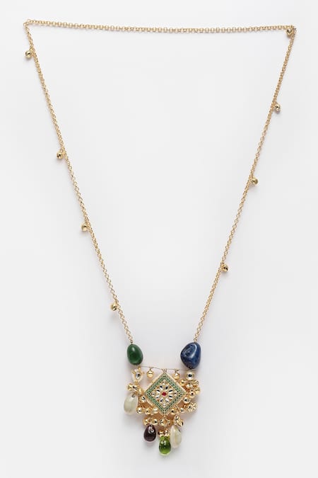 Dugran By Dugristyle Gold Kundan Pearl Natural Stone Ghunghroo Tassel Necklace 