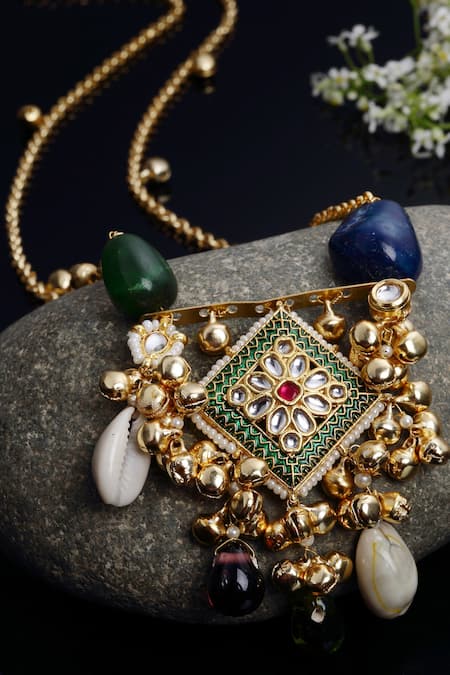 Dugran By Dugristyle_Gold Kundan Pearl Natural Stone Ghunghroo Tassel Necklace _Online_at_Aza_Fashions