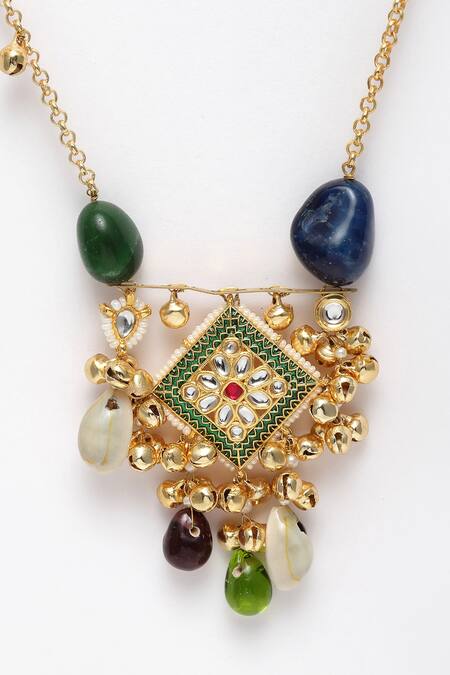 Buy_Dugran By Dugristyle_Gold Kundan Pearl Natural Stone Ghunghroo Tassel Necklace _Online_at_Aza_Fashions