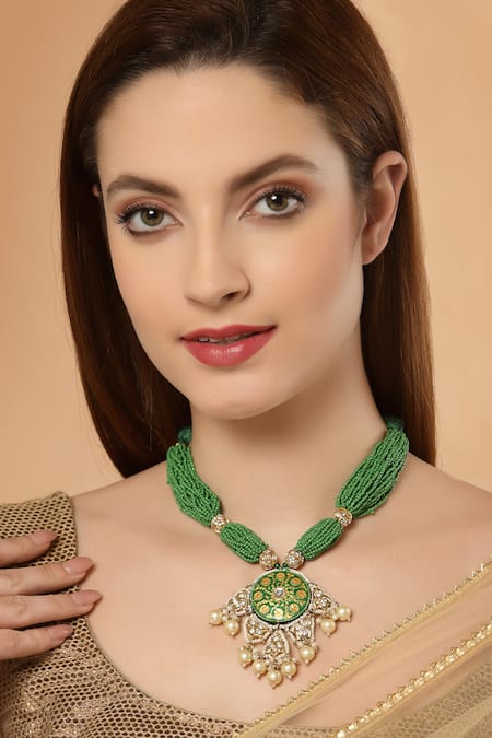 Shop Dugran By Dugristyle Green Floral Motif Kundan And Pearl Pendant Necklace at Aza Fashions Shop_Dugran By Dugristyle_Green Floral Motif Kundan And Pearl Pendant Necklace _at_Aza_Fashions