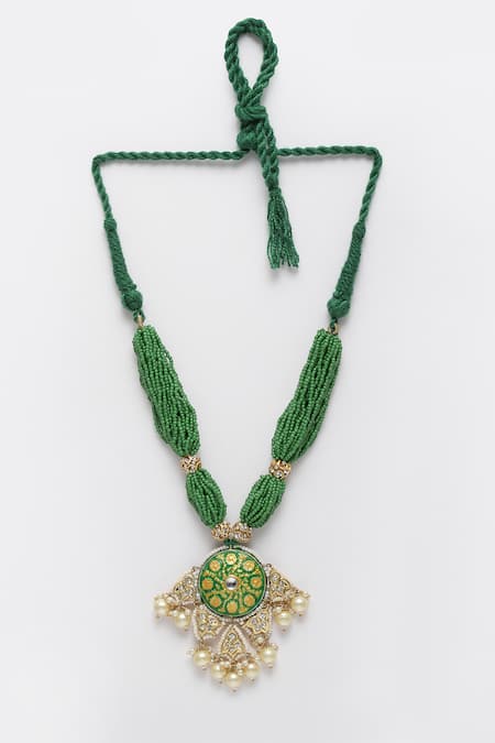 Dugran By Dugristyle Green Floral Motif Kundan And Pearl Pendant Necklace 