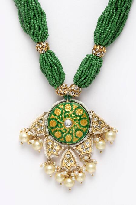 Buy Dugran By Dugristyle Green Floral Motif Kundan And Pearl Pendant Necklace Online at Aza Fashions Buy_Dugran By Dugristyle_Green Floral Motif Kundan And Pearl Pendant Necklace _Online_at_Aza_Fashions