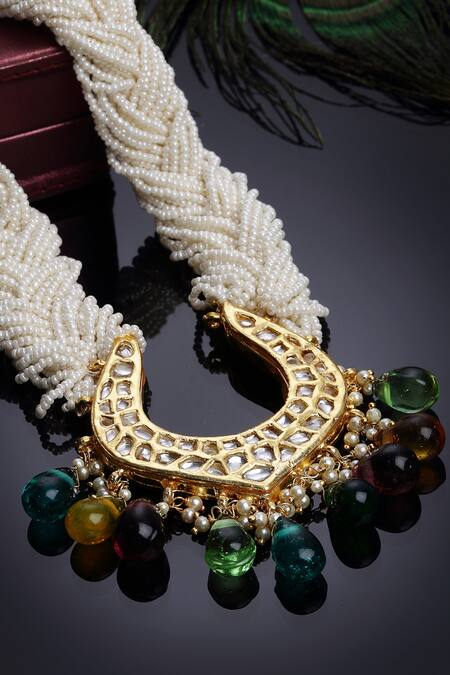 Dugran By Dugristyle_Multi Color Pearl Layered Twisted Chain Stone Drop Necklace _Online_at_Aza_Fashions