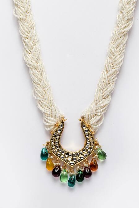 Buy_Dugran By Dugristyle_Multi Color Pearl Layered Twisted Chain Stone Drop Necklace _Online_at_Aza_Fashions