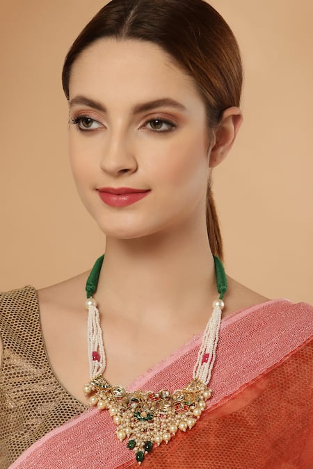 Shop Dugran By Dugristyle Multi Color Lotus And Geometric Motif Pearl Drop Necklace at Aza Fashions Shop_Dugran By Dugristyle_Multi Color Lotus And Geometric Motif Pearl Drop Necklace _at_Aza_Fashions