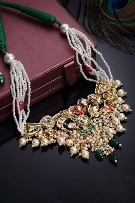 Dugran By Dugristyle Multi Color Lotus And Geometric Motif Pearl Drop Necklace Online at Aza Fashions Dugran By Dugristyle_Multi Color Lotus And Geometric Motif Pearl Drop Necklace _Online_at_Aza_Fashions