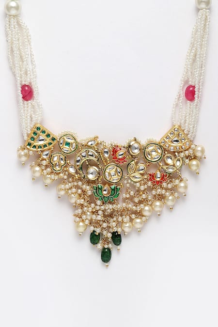 Buy Dugran By Dugristyle Multi Color Lotus And Geometric Motif Pearl Drop Necklace Online at Aza Fashions Buy_Dugran By Dugristyle_Multi Color Lotus And Geometric Motif Pearl Drop Necklace _Online_at_Aza_Fashions