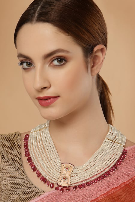 Shop Dugran By Dugristyle Multi Color Pearl Layered Kundan And Stone Floral Necklace at Aza Fashions Shop_Dugran By Dugristyle_Multi Color Pearl Layered Kundan And Stone Floral Necklace _at_Aza_Fashions