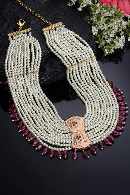 Dugran By Dugristyle Multi Color Pearl Layered Kundan And Stone Floral Necklace Online at Aza Fashions Dugran By Dugristyle_Multi Color Pearl Layered Kundan And Stone Floral Necklace _Online_at_Aza_Fashions