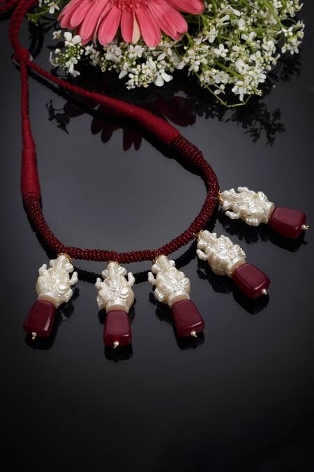Dugran By Dugristyle_Red Pearls And Faux Ruby Ganeshji Motif Necklace_Online_at_Aza_Fashions