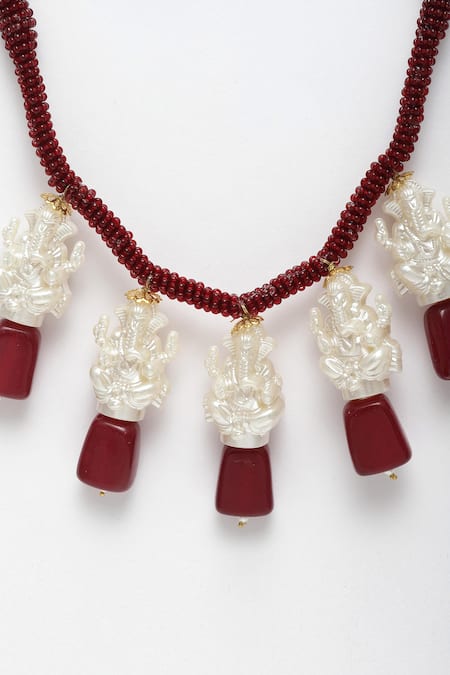 Buy_Dugran By Dugristyle_Red Pearls And Faux Ruby Ganeshji Motif Necklace_Online_at_Aza_Fashions