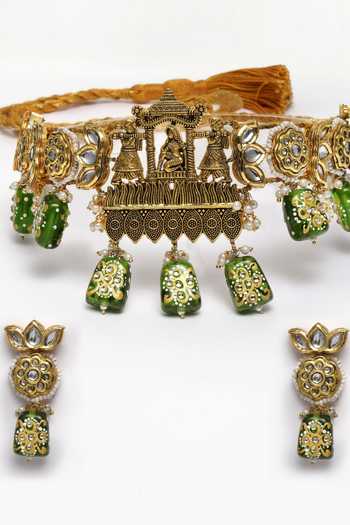 Dugran By Dugristyle_Gold Plated Pearls, Stones Kundan And Faux Emerald Necklace Set _at_Aza_Fashions