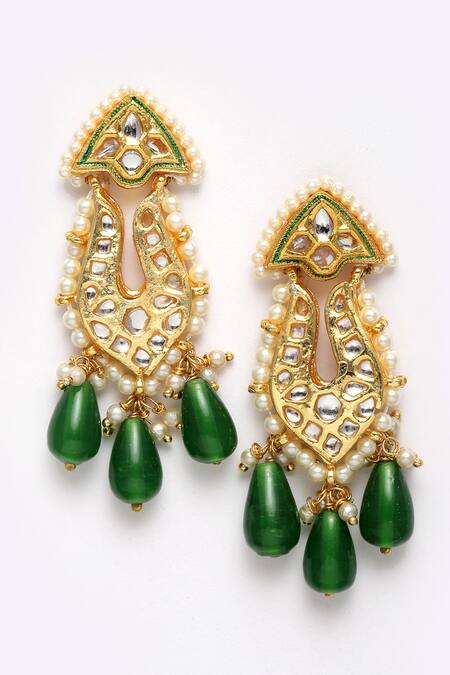 Dugran By Dugristyle_Gold Plated Pearls, Stones, Beads Kundan, And Faux Emerald Necklace Set _Online_at_Aza_Fashions