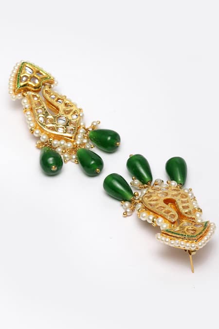 Shop_Dugran By Dugristyle_Gold Plated Pearls, Stones, Beads Kundan, And Faux Emerald Necklace Set _Online_at_Aza_Fashions