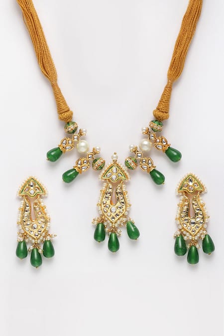 Dugran By Dugristyle_Gold Plated Pearls, Stones, Beads Kundan, And Faux Emerald Necklace Set _at_Aza_Fashions