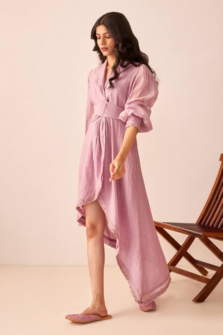 The Right Cut_Purple Chanderi Silk Applique Lapel Collar Rain Asymmetric Wrap Dress _Online_at_Aza_Fashions