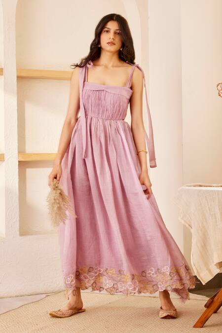 Buy_The Right Cut_Purple Chanderi Silk Floral Motifs Square Neck Ameliea Ruched Yoke Dress _Online_at_Aza_Fashions