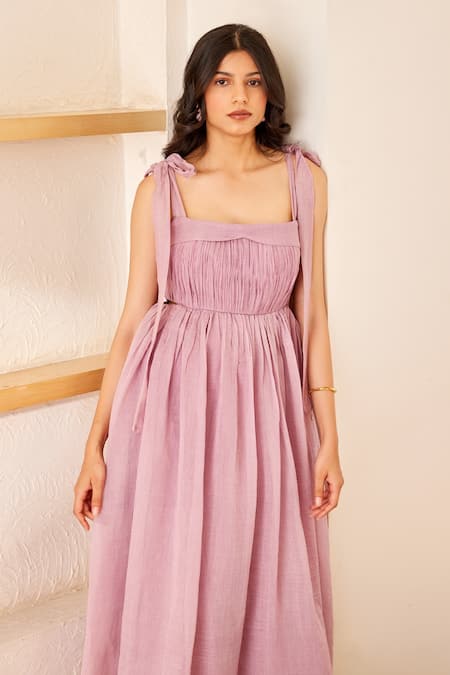 The Right Cut_Purple Chanderi Silk Floral Motifs Square Neck Ameliea Ruched Yoke Dress _at_Aza_Fashions