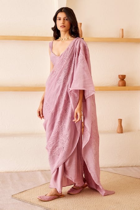 The Right Cut_Purple Chanderi Silk Sweetheart Neck Stella Ruched Blouse_Online_at_Aza_Fashions