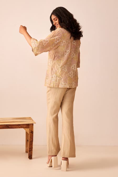 Shop The Right Cut Beige Chanderi Silk Floral Motifs Collared Neck Gold Rush Embroidered Shirt at Aza Fashions Shop_The Right Cut_Beige Chanderi Silk Floral Motifs Collared Neck Gold Rush Embroidered Shirt_at_Aza_Fashions