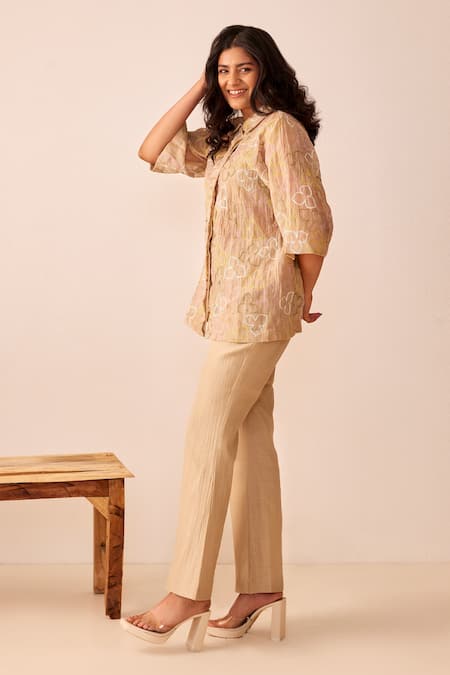 The Right Cut Beige Chanderi Silk Floral Motifs Collared Neck Gold Rush Embroidered Shirt Online at Aza Fashions The Right Cut_Beige Chanderi Silk Floral Motifs Collared Neck Gold Rush Embroidered Shirt_Online_at_Aza_Fashions