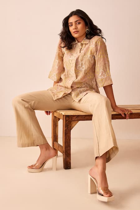 Buy The Right Cut Beige Chanderi Silk Floral Motifs Collared Neck Gold Rush Embroidered Shirt Online at Aza Fashions Buy_The Right Cut_Beige Chanderi Silk Floral Motifs Collared Neck Gold Rush Embroidered Shirt_Online_at_Aza_Fashions