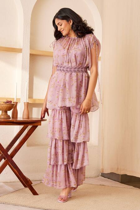 Shop_The Right Cut_Purple Paper Silk Printed Floral Motifs Round Lilac Queen Kurta _Online_at_Aza_Fashions