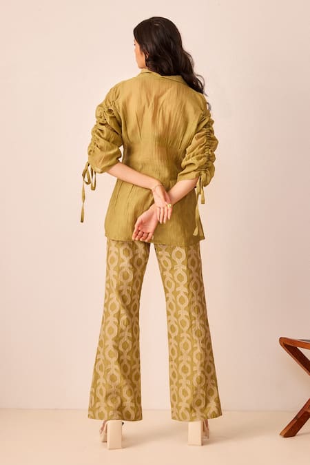Shop_The Right Cut_Green Chanderi Silk Lapel Collar Mila Top And Pant Set _at_Aza_Fashions