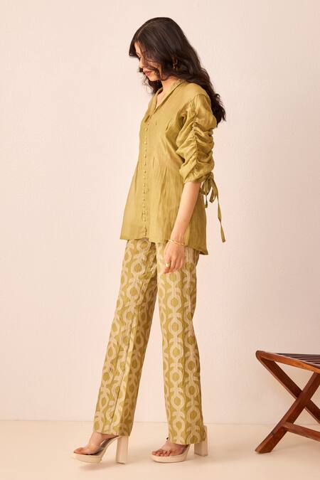 Buy_The Right Cut_Green Chanderi Silk Lapel Collar Mila Top And Pant Set _Online_at_Aza_Fashions