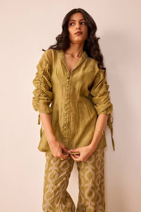 Shop_The Right Cut_Green Chanderi Silk Lapel Collar Mila Top And Pant Set _Online_at_Aza_Fashions
