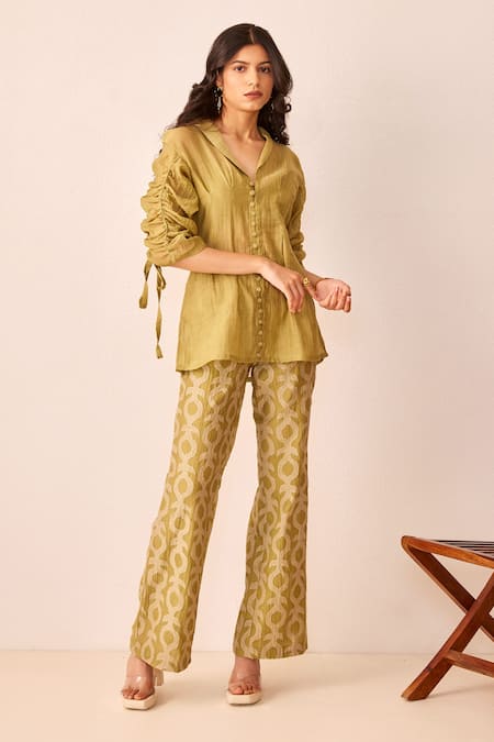 Buy_The Right Cut_Green Chanderi Silk Applique Work Mila Trouser _Online_at_Aza_Fashions