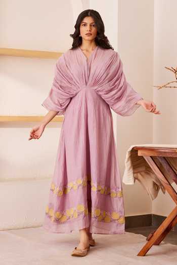 The Right Cut_Purple Chanderi Silk Floral Motifs V Neck Violet Pleated Bodice Dress_Online_at_Aza_Fashions