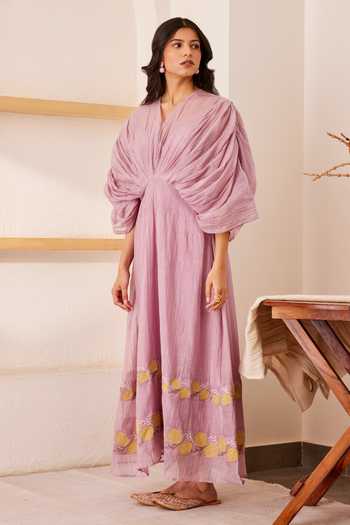 Buy_The Right Cut_Purple Chanderi Silk Floral Motifs V Neck Violet Pleated Bodice Dress_Online_at_Aza_Fashions